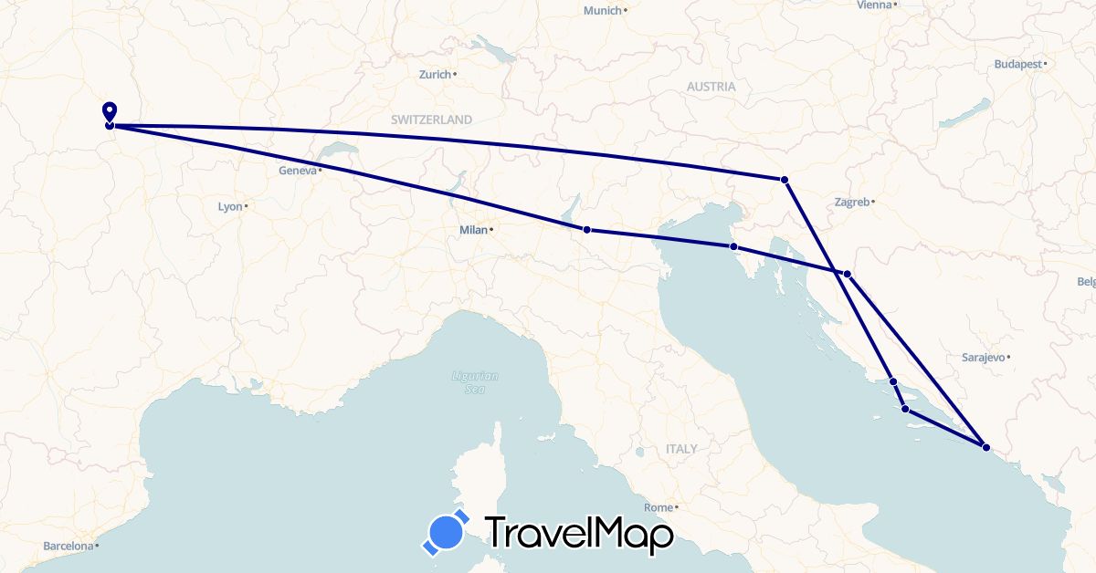 TravelMap itinerary: driving in France, Croatia, Italy, Slovenia (Europe)
